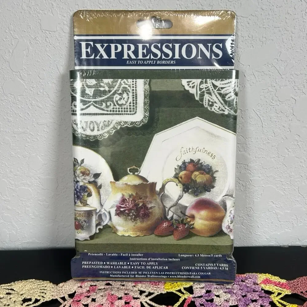 Vtg Expressions Wall Paper Border tea party- grapes doilies 5 yards cottage